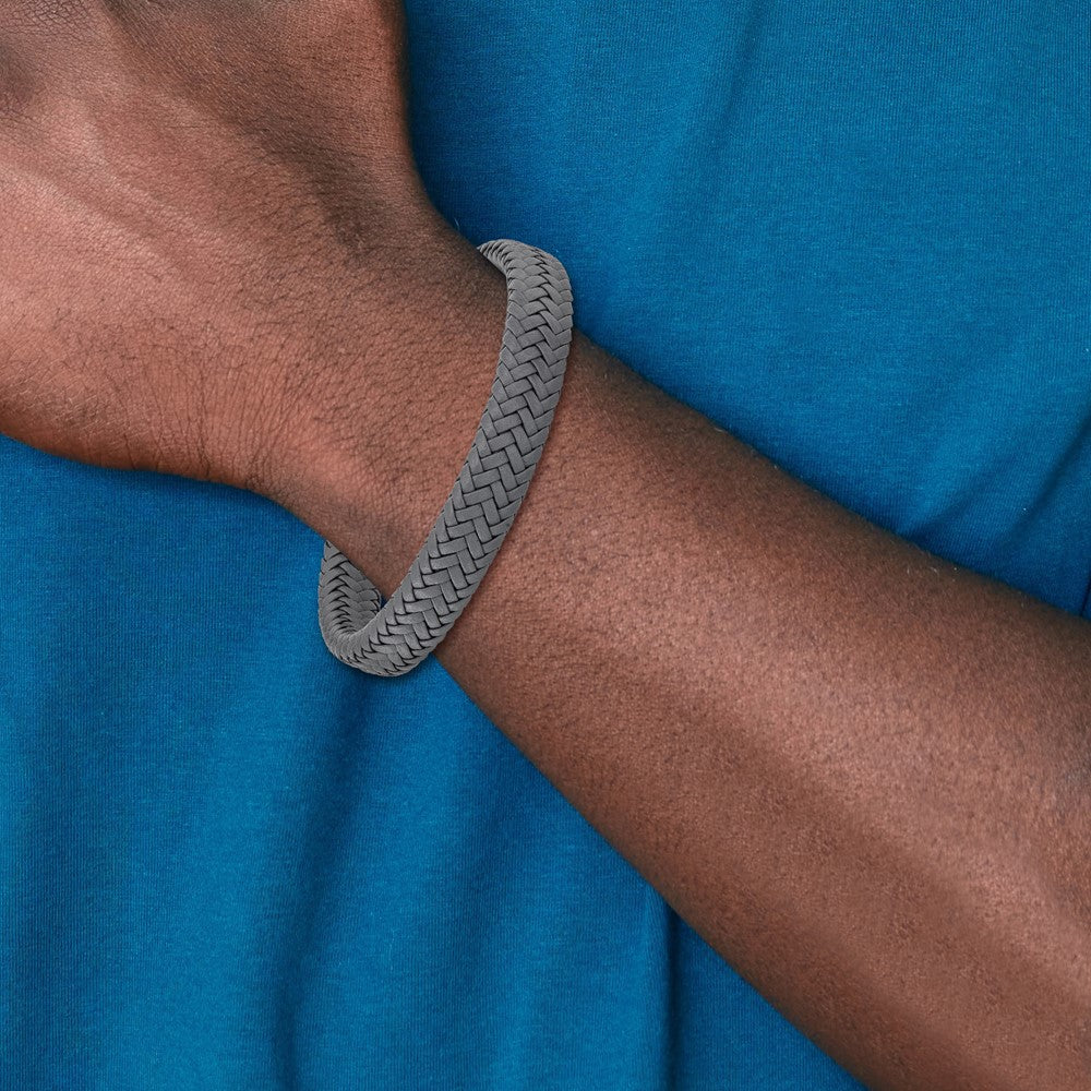 Stainless Steel Polished Grey Woven Leather 8in w/.5in ext Bracelet 8 inches