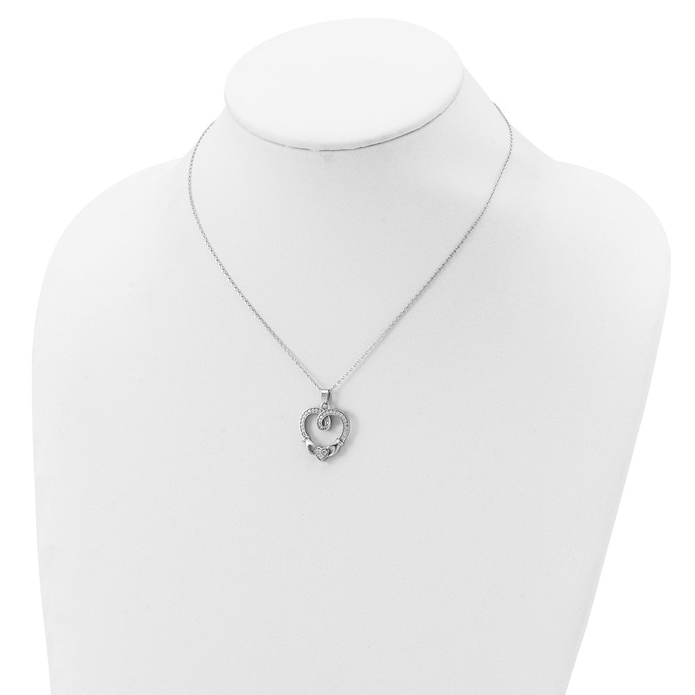 Sterling Silver Rhod-plated Claddagh Heart CZ W/ 1 in ext.Necklace
