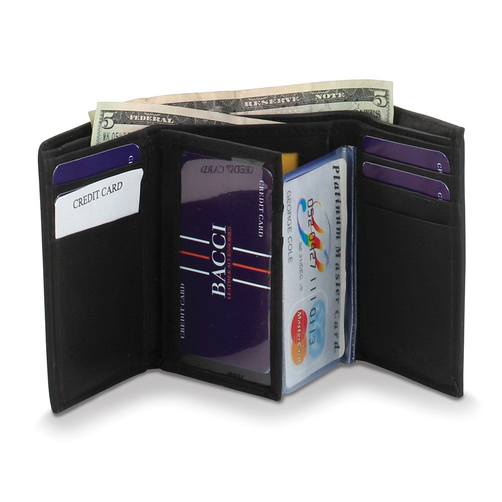 Black Leather 9-Slot Trifold Wallet with Center Flap and ID Window