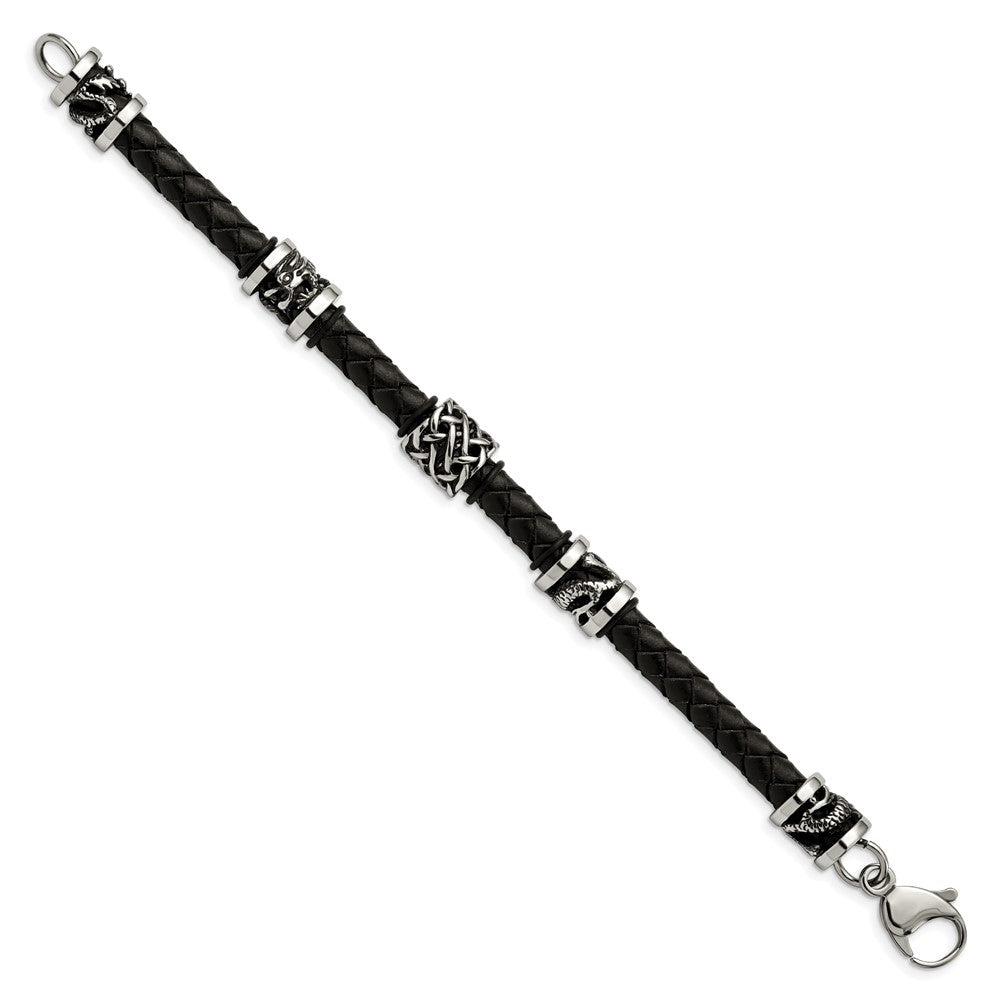 Stainless Steel Antiqued & Polished Dragon Black Braided Leather Bracelet 8.5 inches