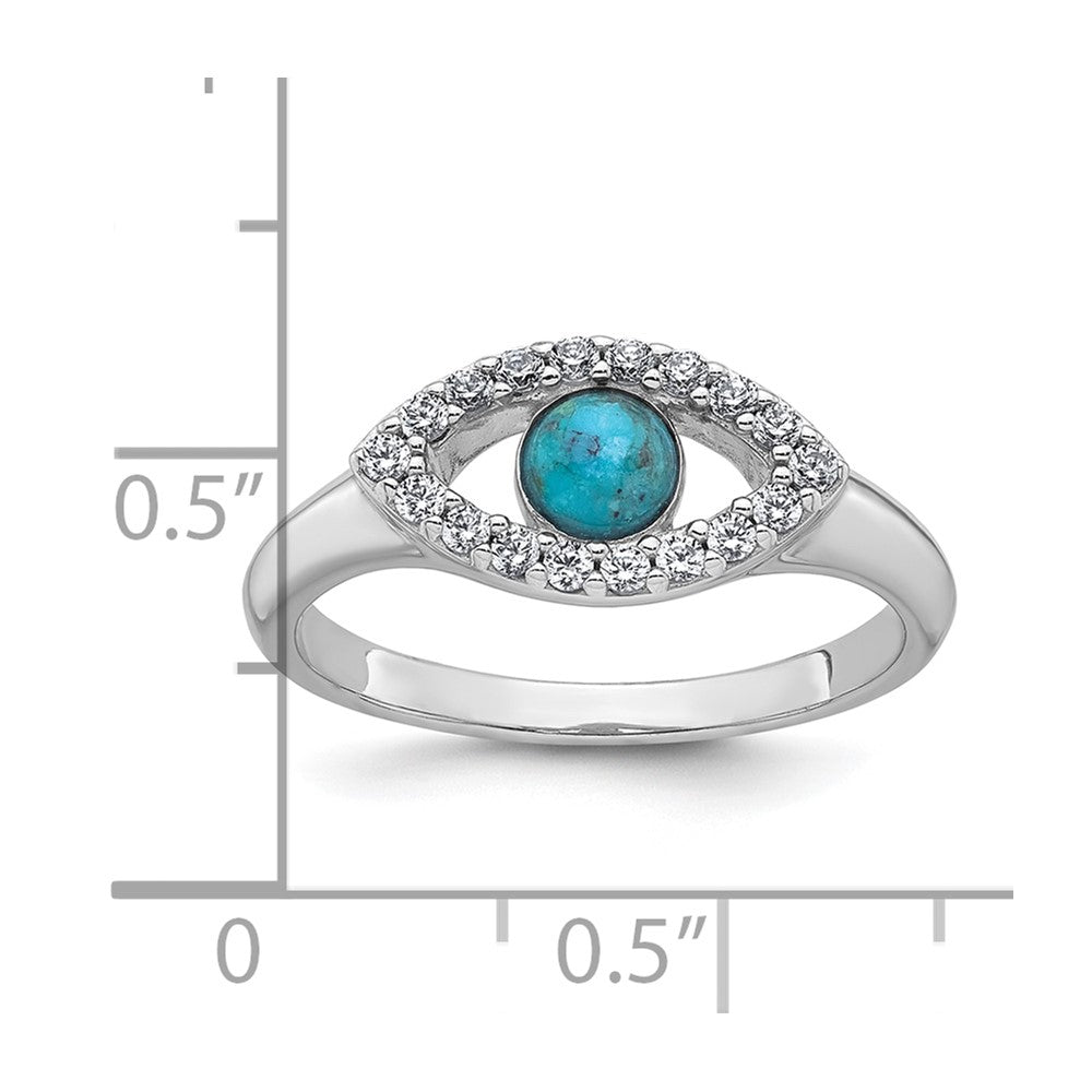 Sterling Silver Rhodium-plated Polished CZ and Compressed Turquoise Cabochon Evil Eye Size 6 Ring