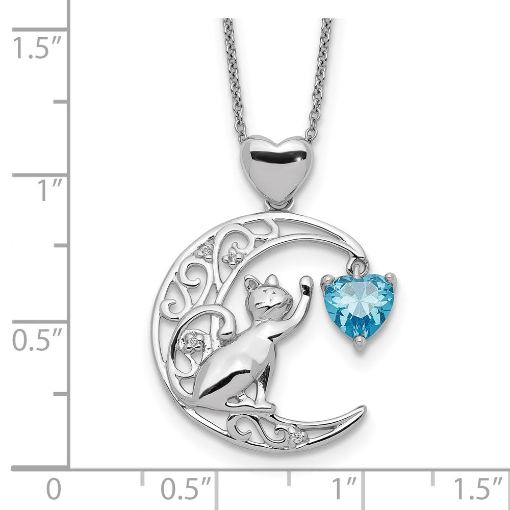 Sterling Silver Blue and Clear CZ Cat and Moon Necklace 17.5 Inches