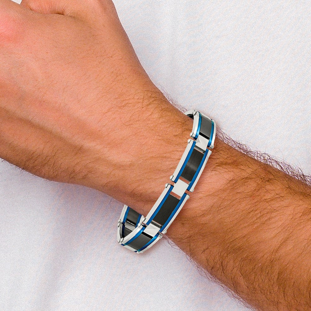 Stainless Steel Brushed and Polished Black & Blue IP-plated 8.75in Bracelet 8.75 inches