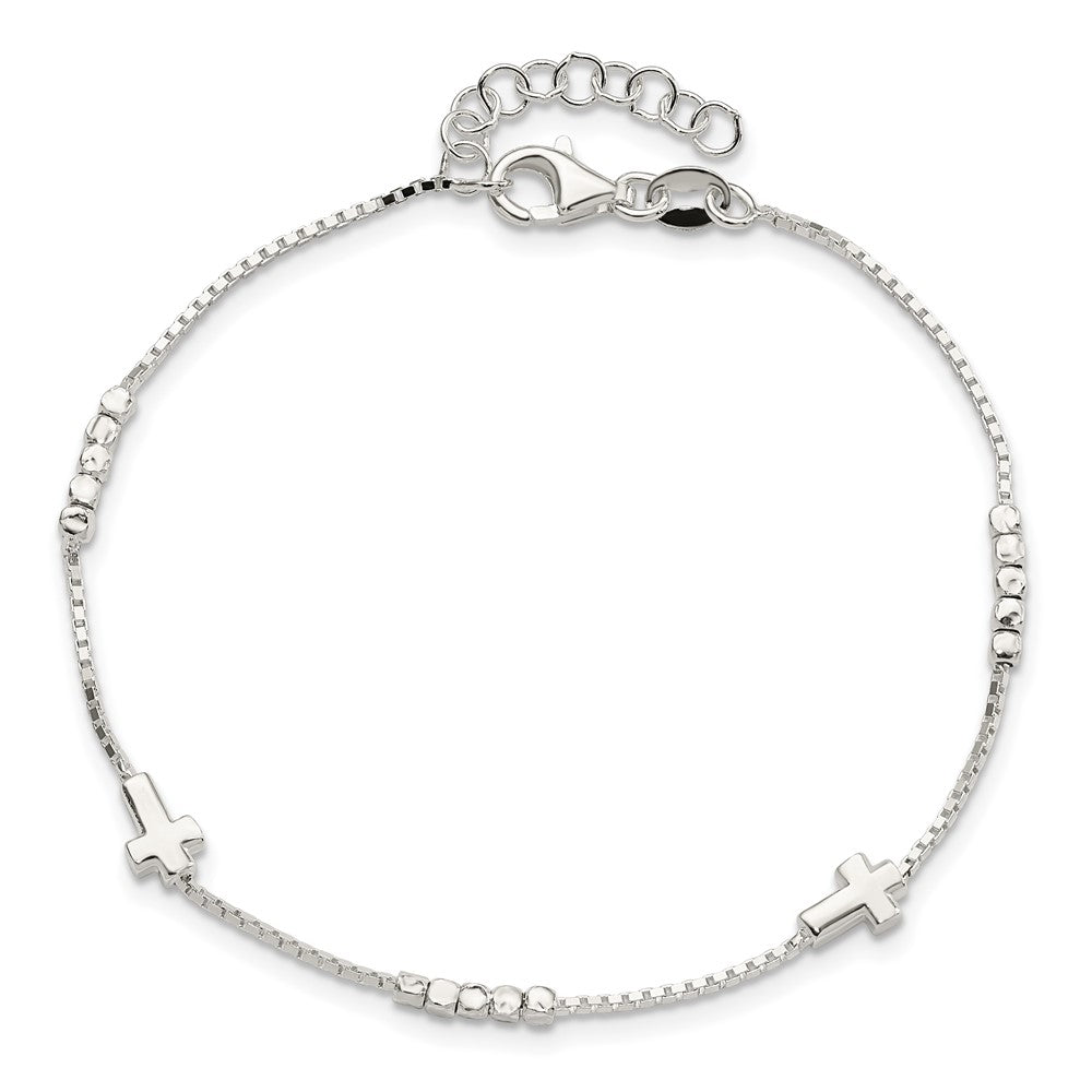 Sterling Silver Fancy Bead & Cross w/ 1in ext Bracelet 8 inches