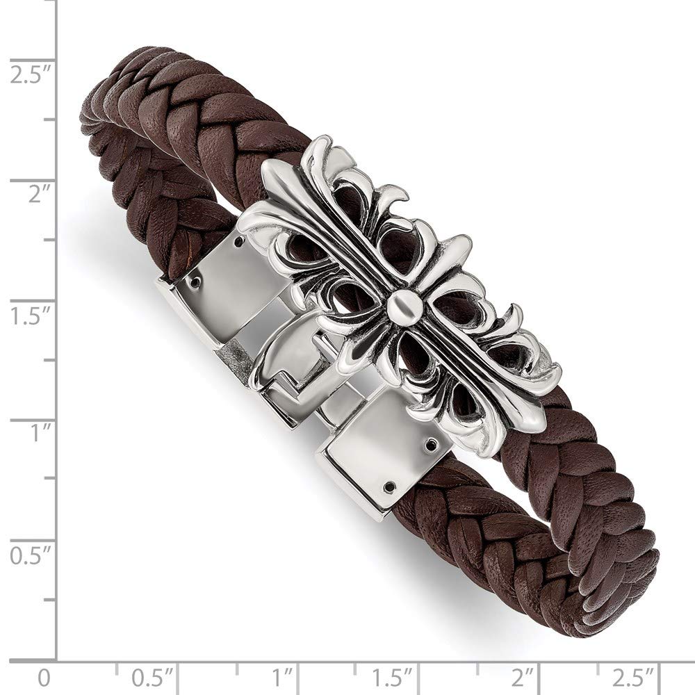 Stainless Steel Antiqued and Polished Brown Leather Filigree Bracelet 8.5 inches
