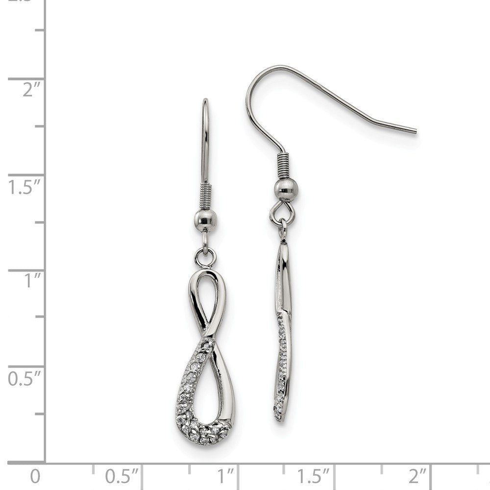 Stainless Steel Polished w/CZ Infinity Dangle Shepherd Hook Earrings
