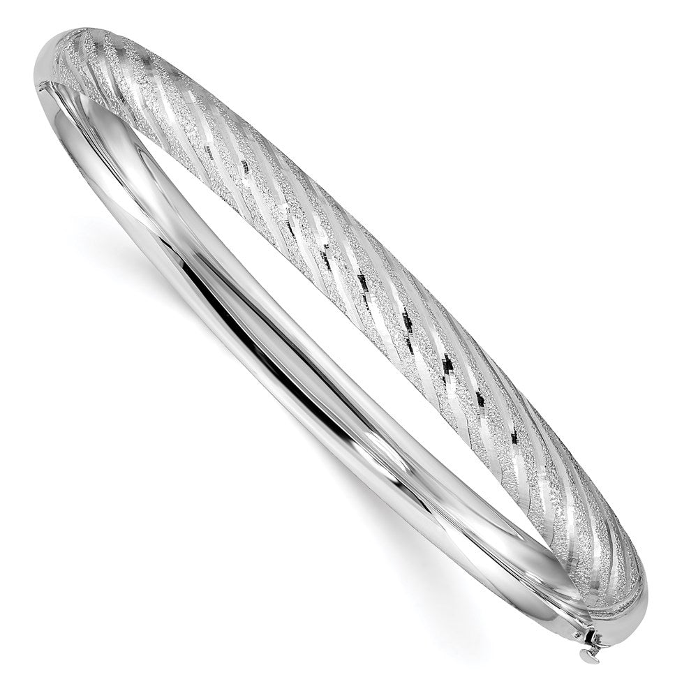 14k White Gold Textured Diamond-cut Twisted Hinged Bangle 7.5 inches