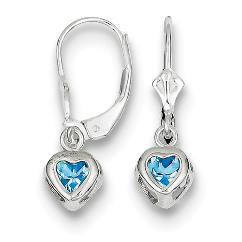 Sterling Silver Rhodium Plated 5mm Heart Blue Topaz Leverback Earrings