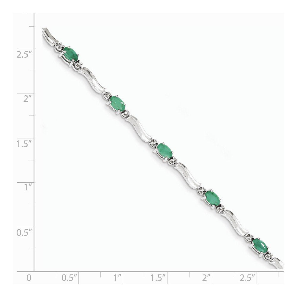 14k White Gold Complete Diamond and Oval Emerald Wavy Link 7 inch Bracelet