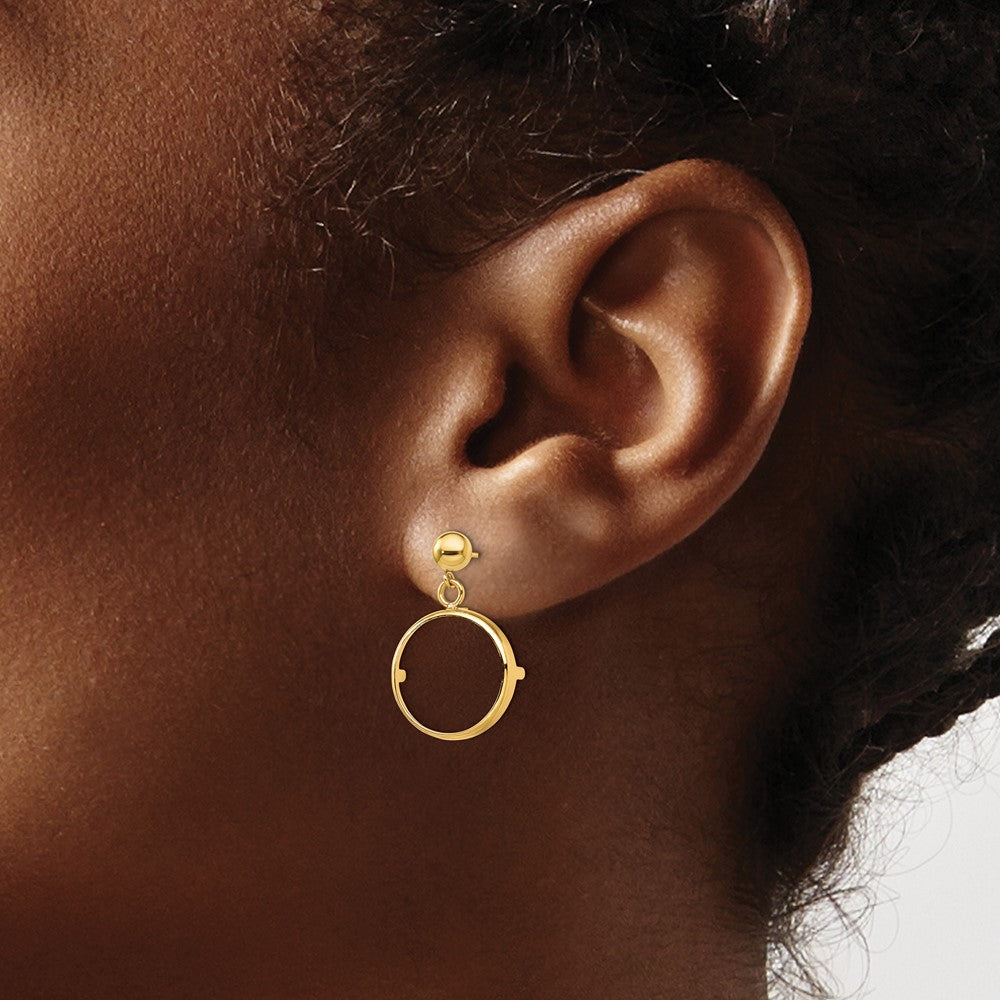 Wideband Distinguished Coin Jewelry 14k Polished Classic Prong 15.0mm Coin Bezel Post Dangle Earrings