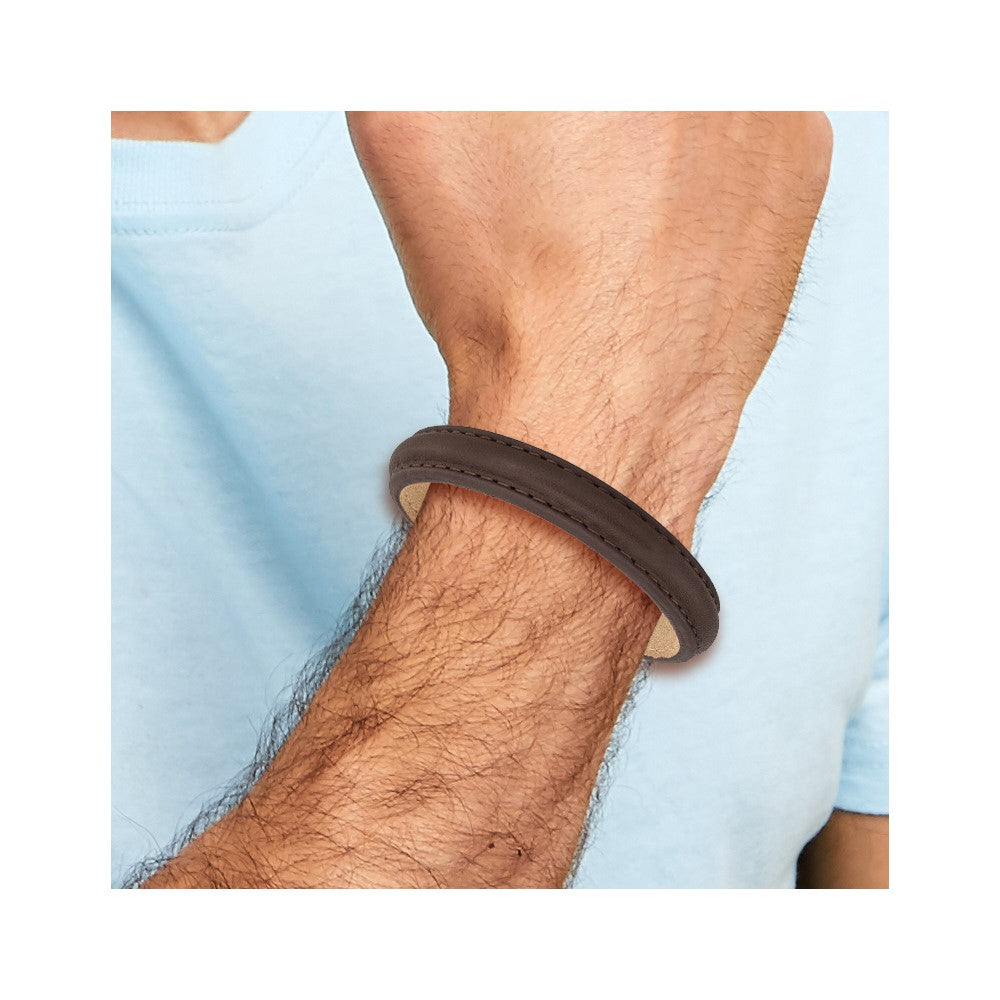 Stainless Steel Polished Rose IP Brown Leather 7.75in w/.5in ext Bracelet