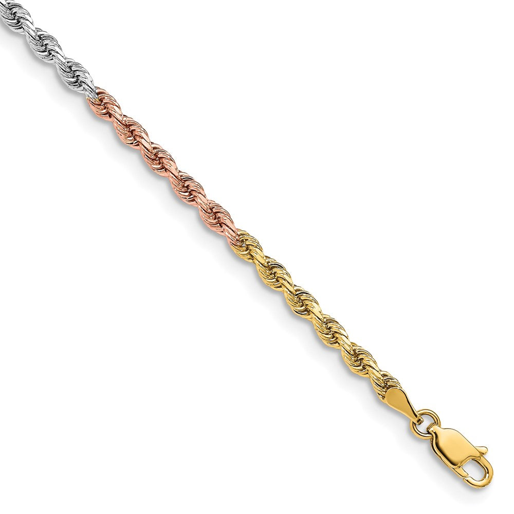 14K Tri-colored 8 inch 3mm Diamond-cut Rope with Lobster Clasp Chain 8 inches