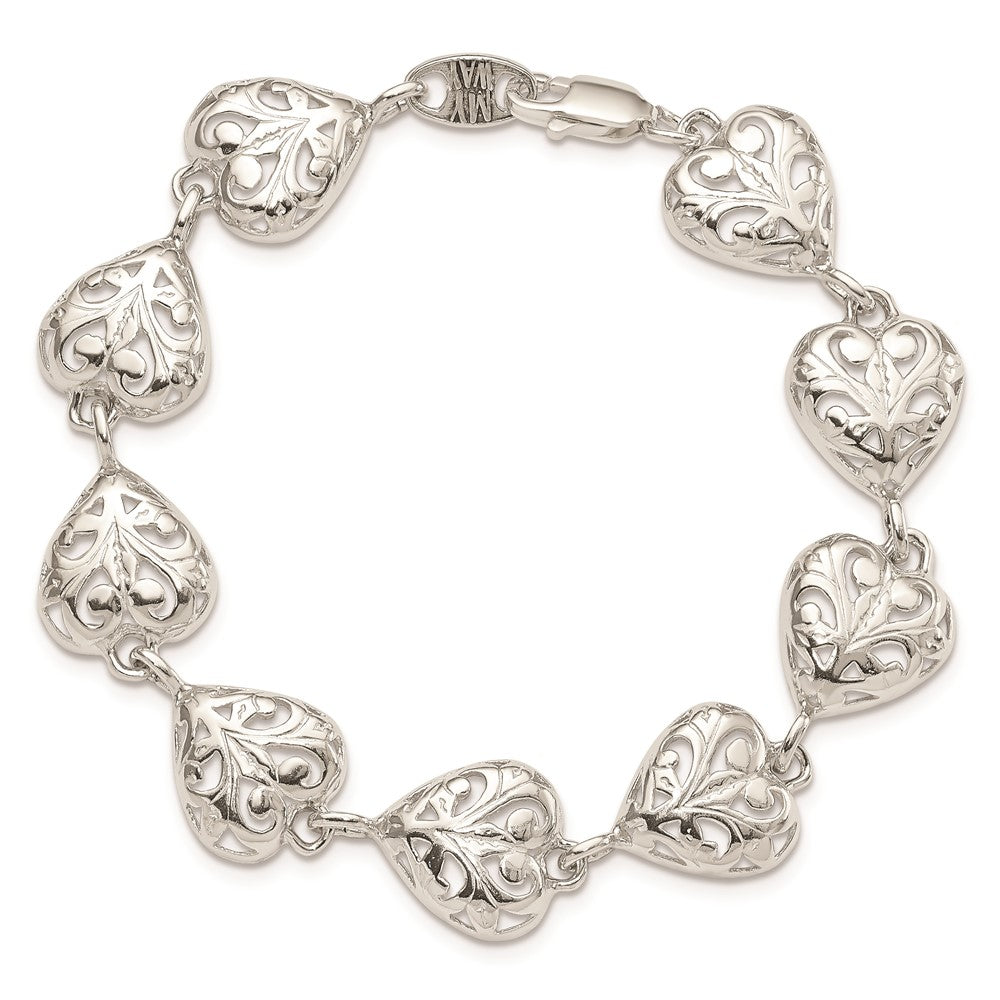Sterling Silver Fancy Filigree Heart 7 inch Bracelet 7 inches