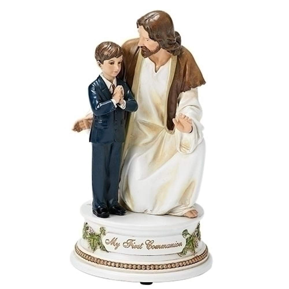 Roman My First Communion Young Boy with Jesus 7 Inch Resin Stone Musical Figurine Plays The Lord's Prayer