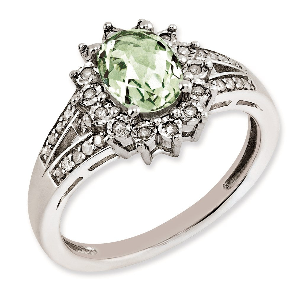 Sterling Silver RH-plated Diamond & Oval Checker-Cut Green Quartz Ring