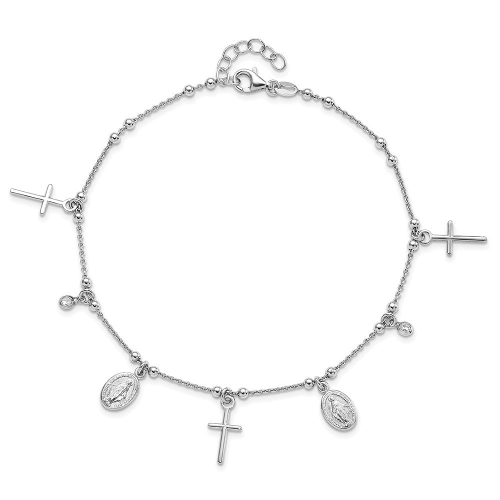 Sterling Silver Rhodium-plated CZ Cross and Mary Charm 9in w/1in ext Anklet 9 inches
