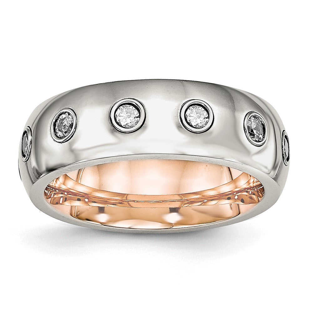 Stainless Steel Polished Rose IP-plated Inside w/CZ Half Round 7mm Band Size - 10