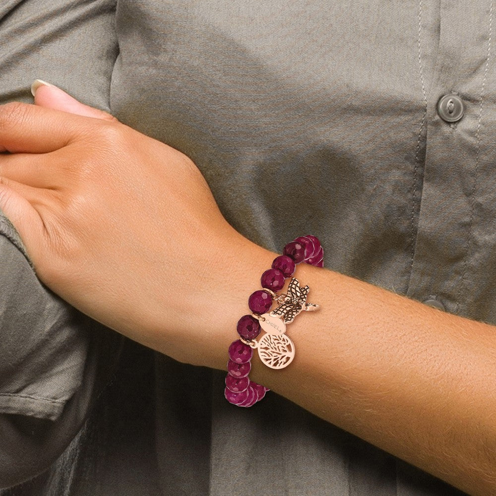 Stainless Steel Antiqued & Polished Rose IP Dragonfly Pink Dyed Jade Bracel 6.25 inches