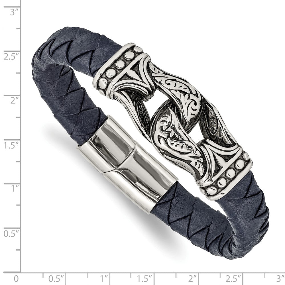 Stainless Steel Antiqued and Polished Blue Leather 8.75in Bracelet 8.75 inches