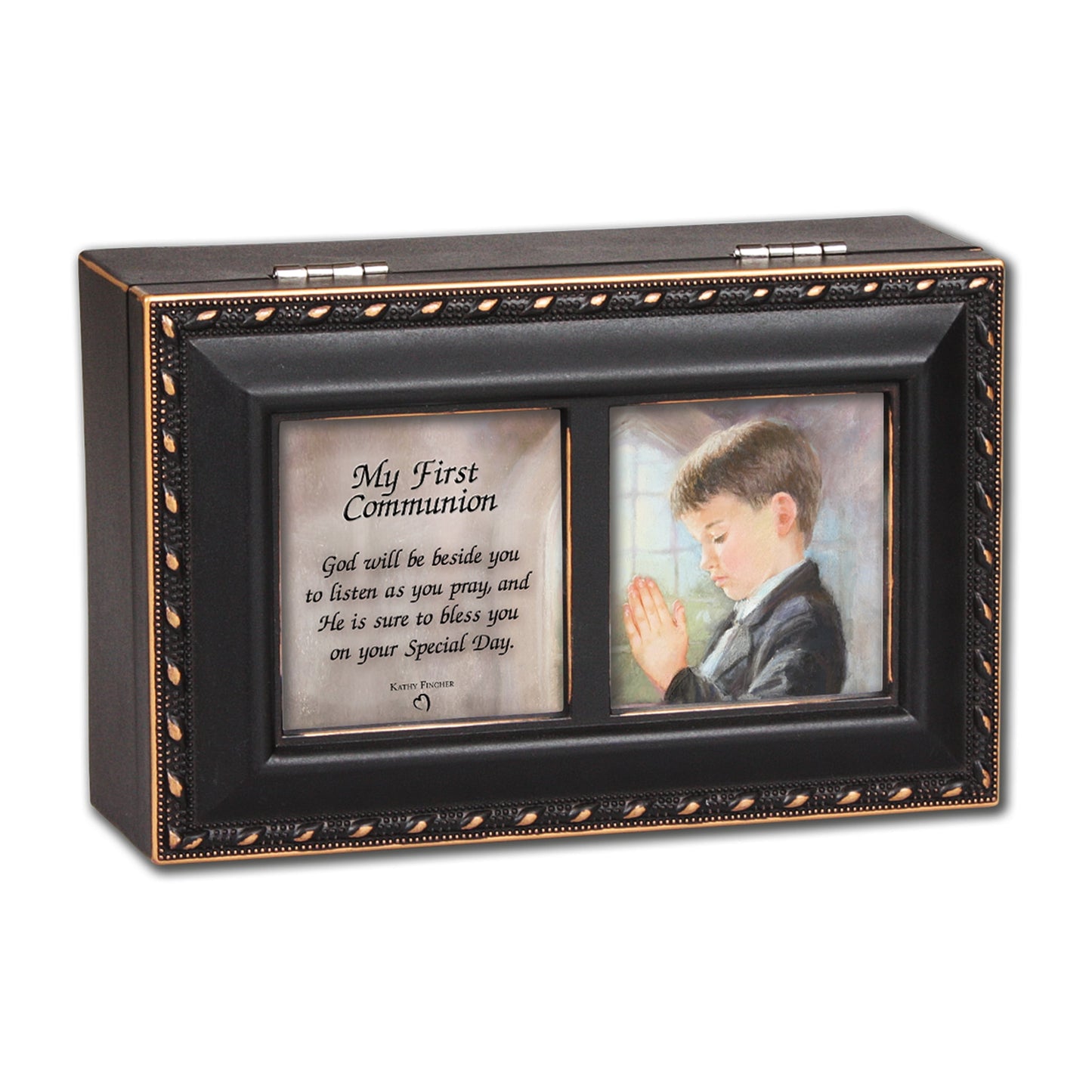 First Communion Boy Distressed Black Finish Music Box GM11580