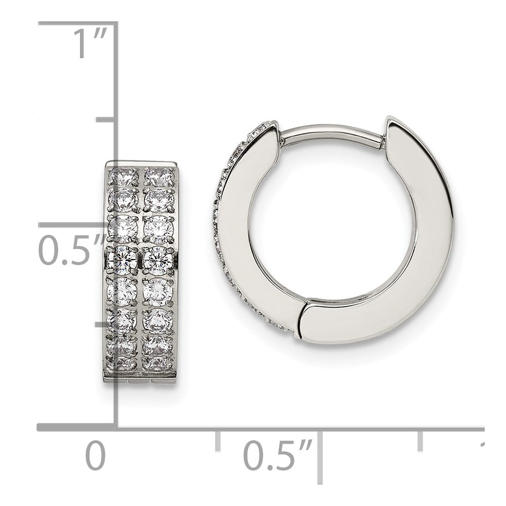 Stainless Steel Polished with 2 Rows of CZ 2.3mm Hinged Hoop Earrings