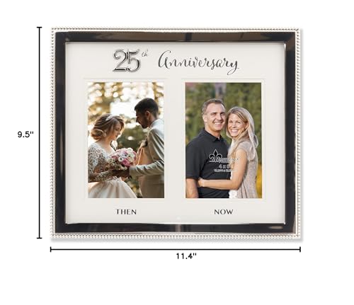 Silver-tone Beaded Then and Now 25th Anniversary Double 4x6 Photo Frame