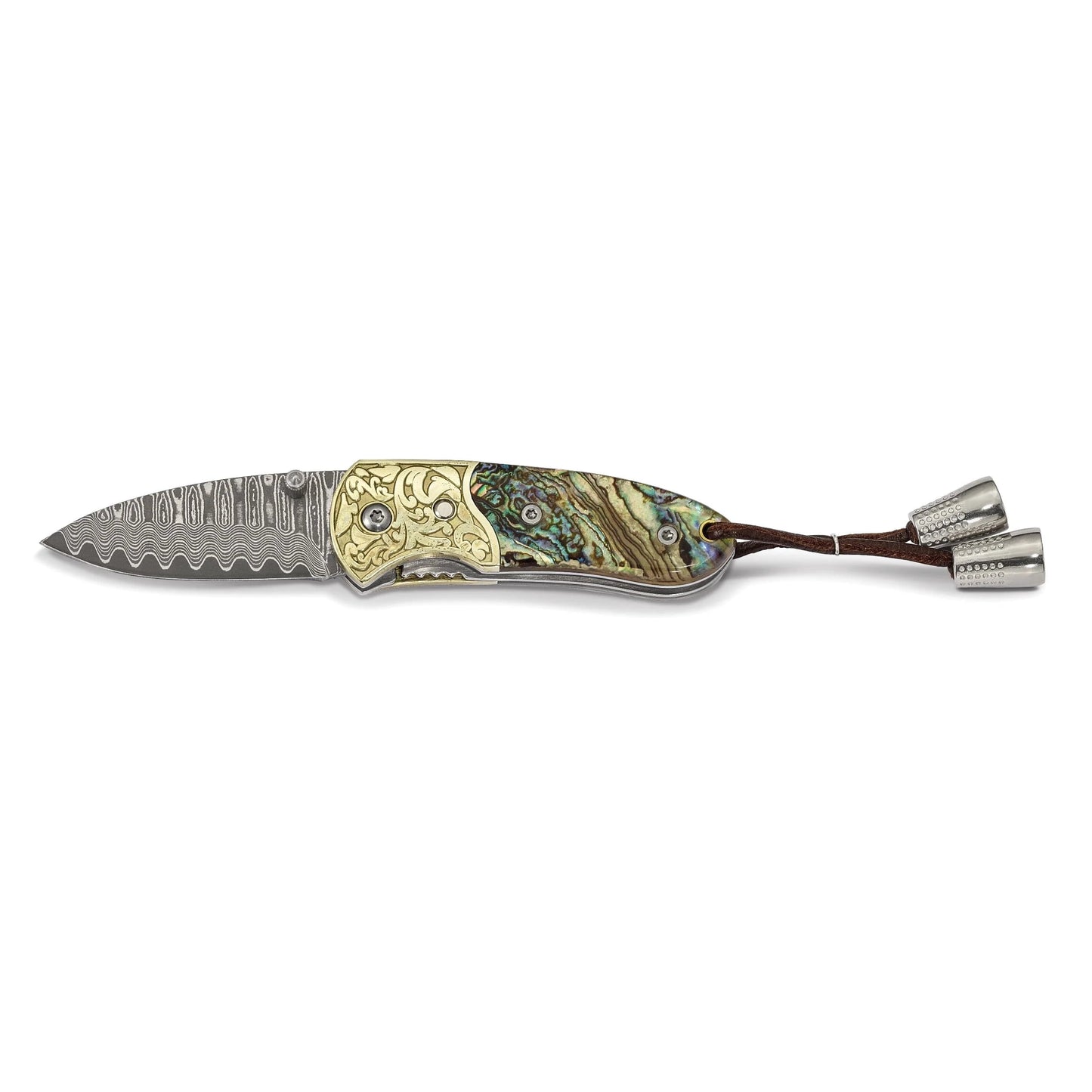 Luxury Giftware Damascus Steel 256 Layer Folding Blade Genuine Abalone Shell Handle Knife with Leather Sheath and Wooden Gift Box QKN86120