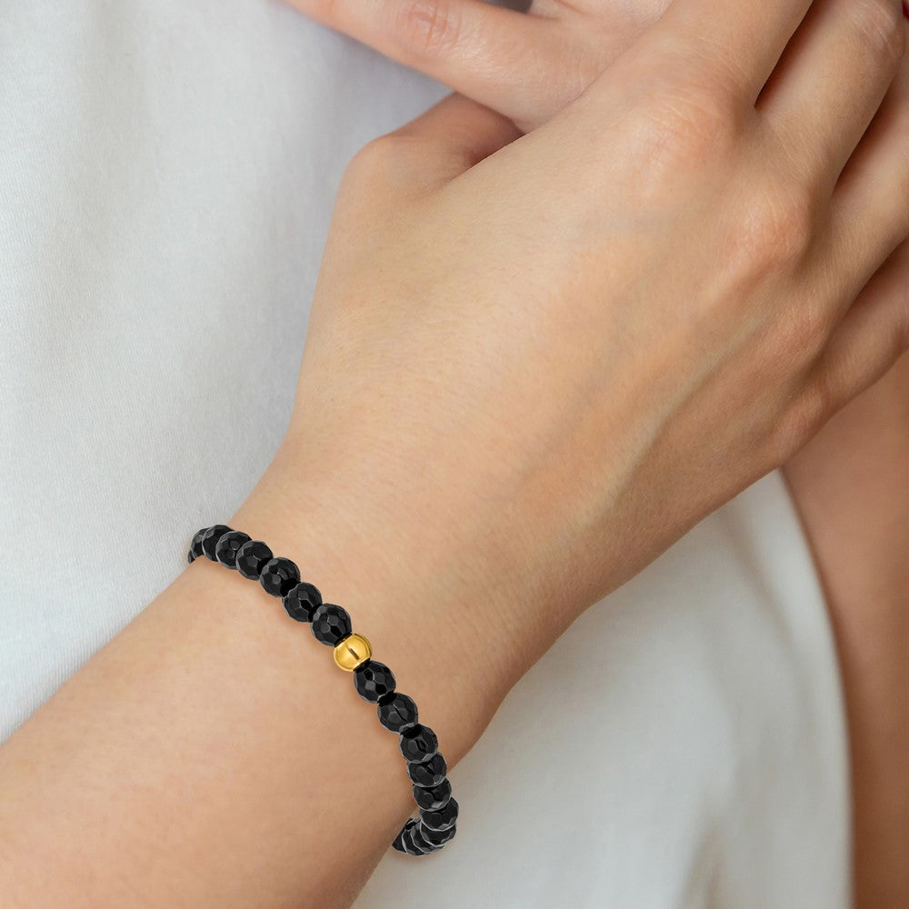 Chisel Stainless Steel Polished Yellow IP-plated 6mm Black Agate Beaded 6.25 inch Stretch Bracelet 6.25 inches