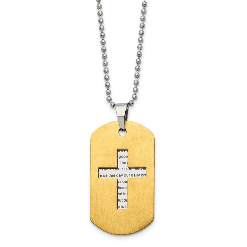 Stainless Steel Brushed and Polished Yellow IP Prayer Cross 22in Necklace
