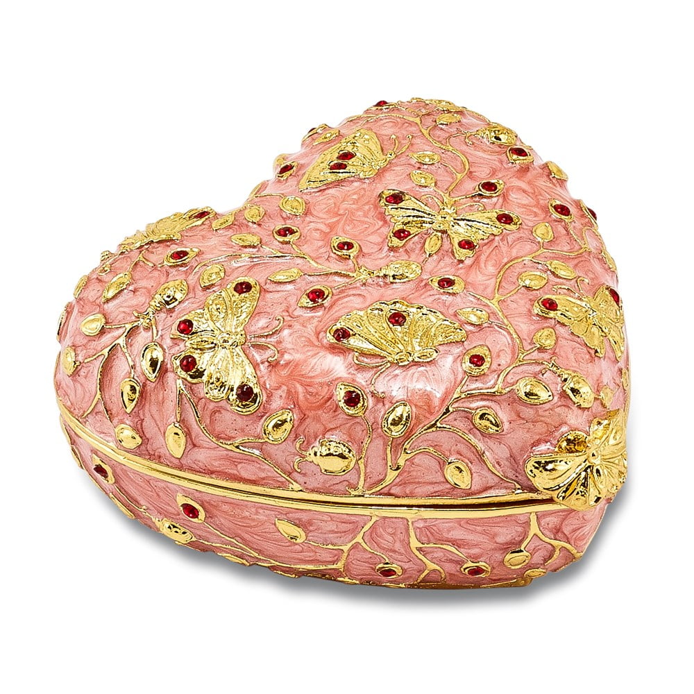 Luxury Giftware by Jere Pewter Bejeweled Crystals Gold-tone Enameled BUTTERFLY KISSES Pink Heart Trinket Box with Matching 18 Inch Necklace QBJ4006
