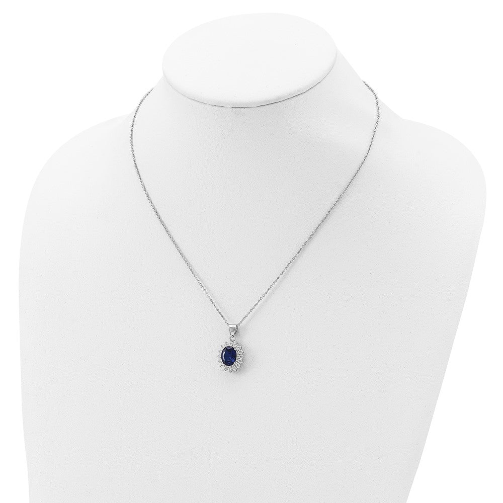 Cheryl M Sterling Silver Rhodium-plated Brilliant-cut Lab Created Dark Blue Spinel and Brilliant-cut White CZ Oval Halo 18 Inch Necklace 18 Inches