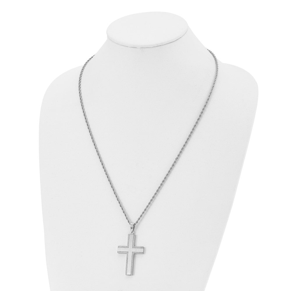 Stainless Steel Polished Laser Cut Edges Cross 24in Necklace