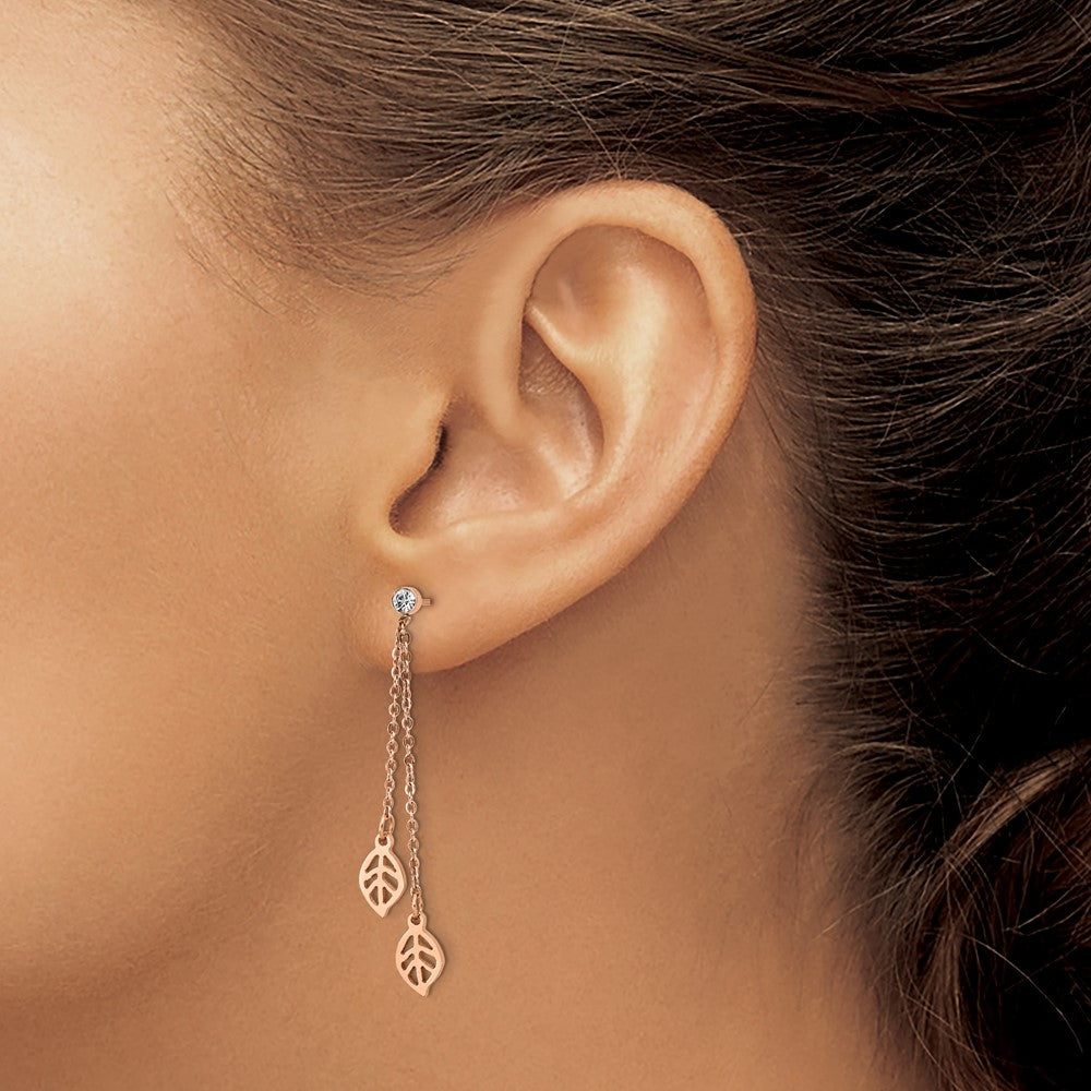 Stainless Steel Polished Rose IP-plated with CZ Leaf Post Dangle Earrings