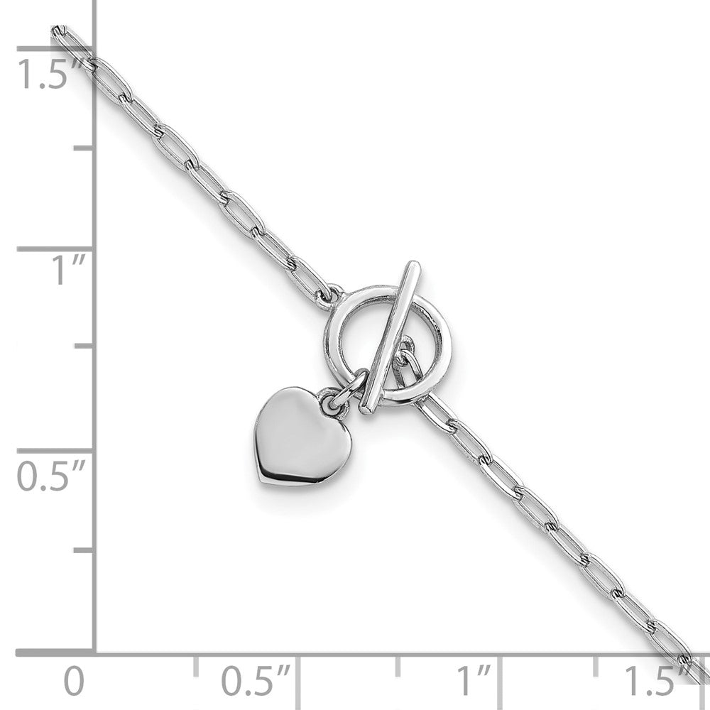 Sterling Silver Rhodium-plated Polished Heart Dangle Paperclip Link 6.5 Inch with 1 Inch Extension Bracelet 7.5 inches