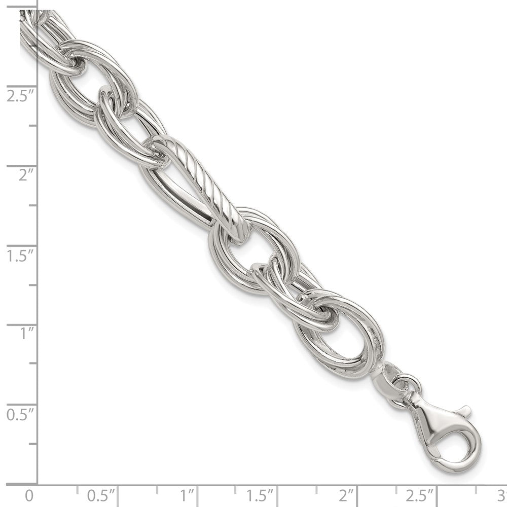 Sterling Silver Polished and Textured Triple Link and Twisted Link 8 inch Bracelet