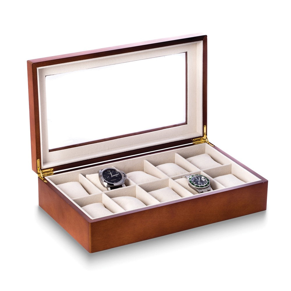 US Army Logo Brown Wooden Glass Top 10 Watch Case with Velour Lining