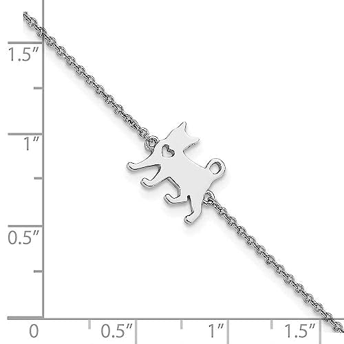 Sterling Silver Rhodium-plated Cat w/Heart 7in Plus 1in ext Bracelet