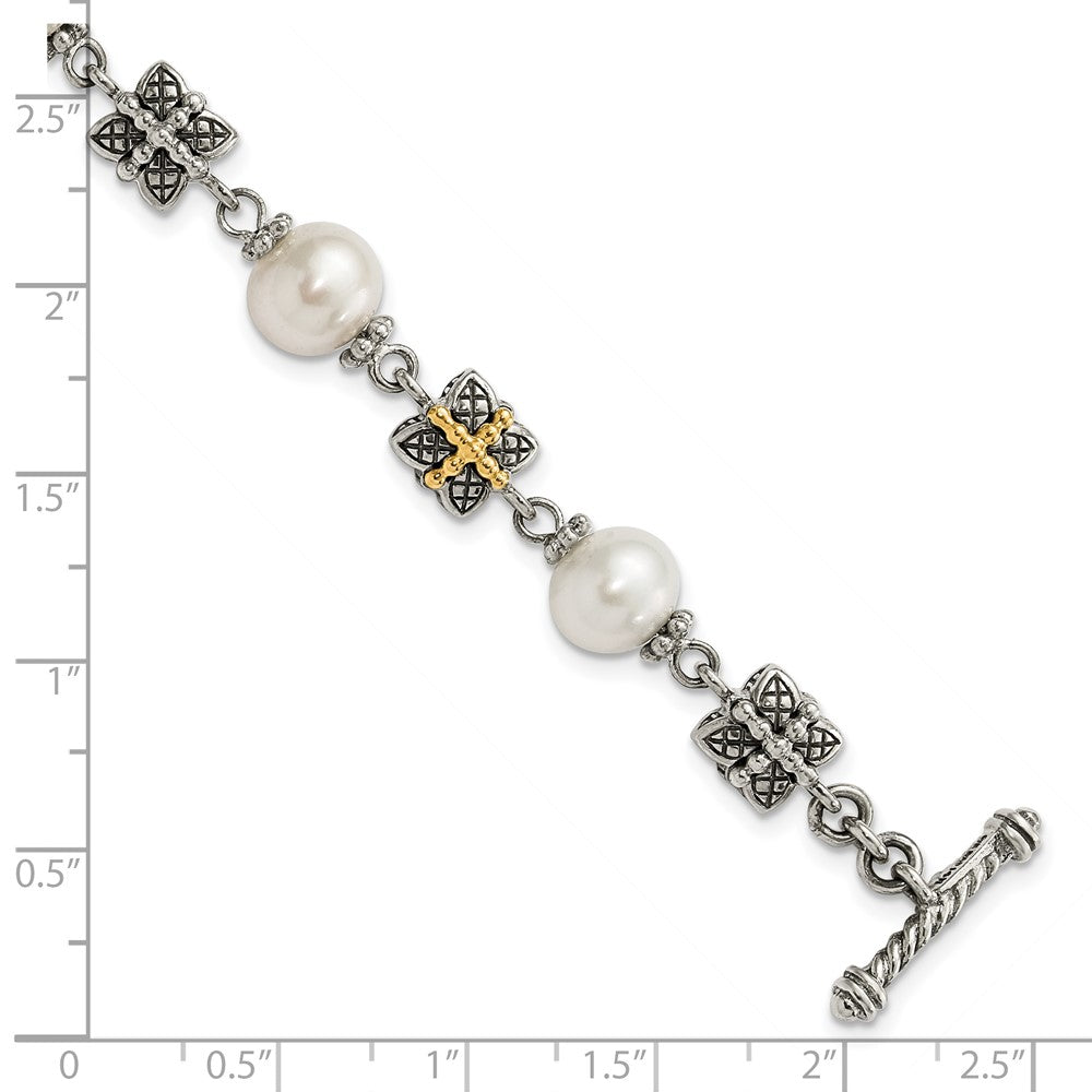 Sterling Silver w/ 14ky Accent Polished & Antiqued Freshwater Cultured Pearl Bracelet