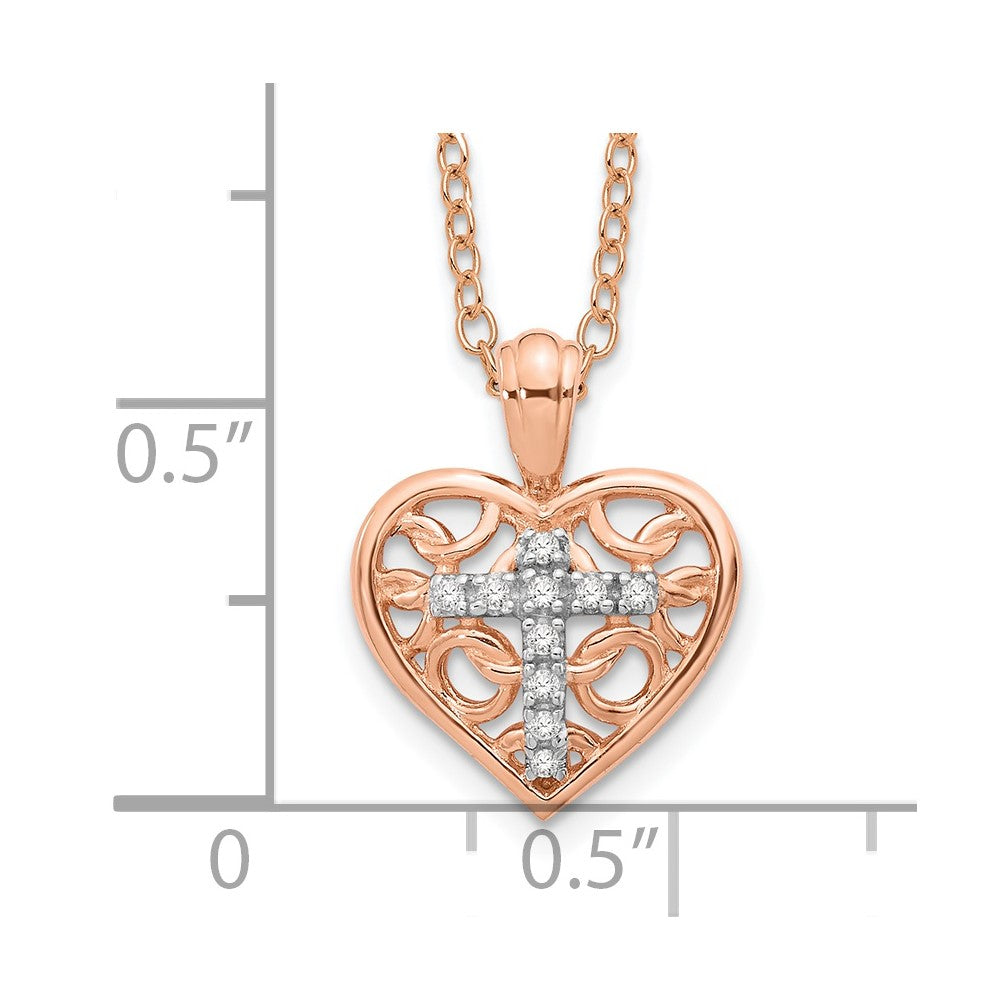 Sterling Silver and Rose-tone with Diamond Cross In Heart Necklace