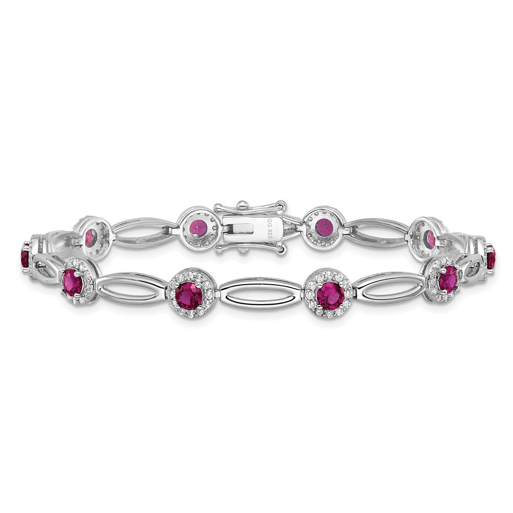 Cheryl M Sterling Silver Rhodium-plated Polished Fancy Lab Created Ruby and CZ Halo Bracelet 7.5 inches
