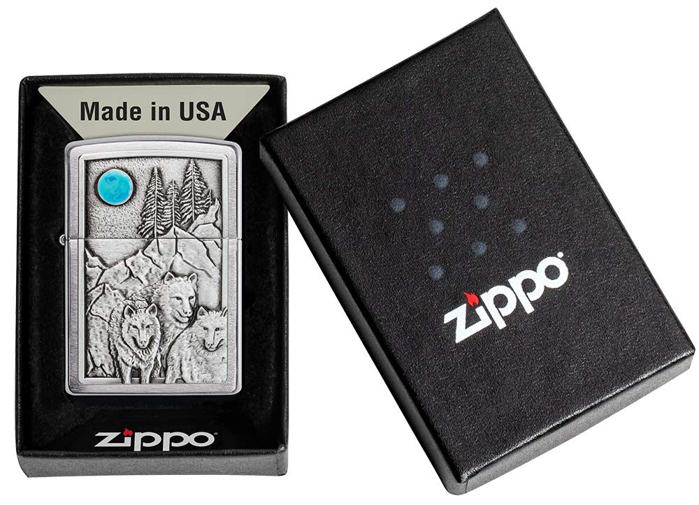 Zippo Wolf Pack and Moon Emblem Brushed Chrome Pocket Lighter