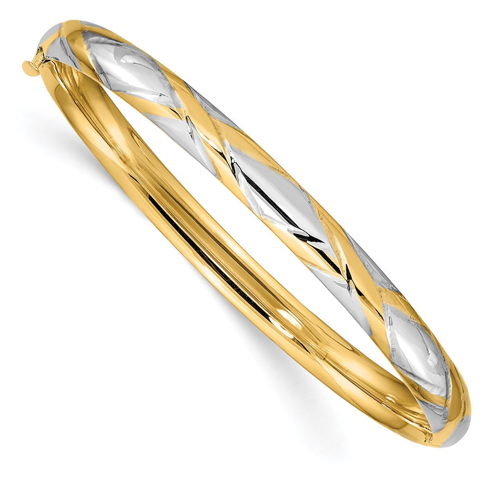 14k 3/16 w/White Rhodium Criss-Cross Children's Hinged Bangle 6 inches