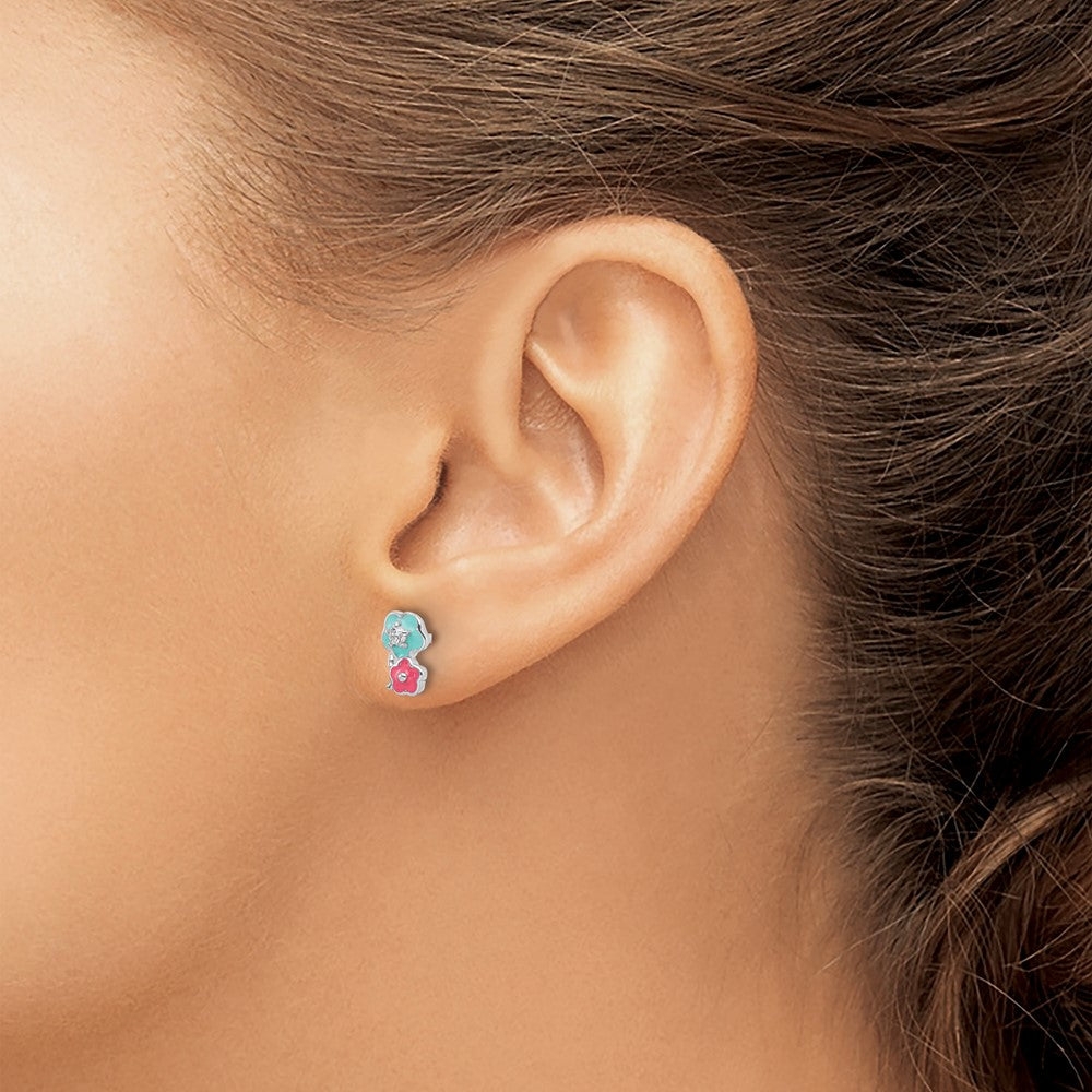 Sterling Silver RH-plated CZ & Enamel Flowers Children's Post Earrings