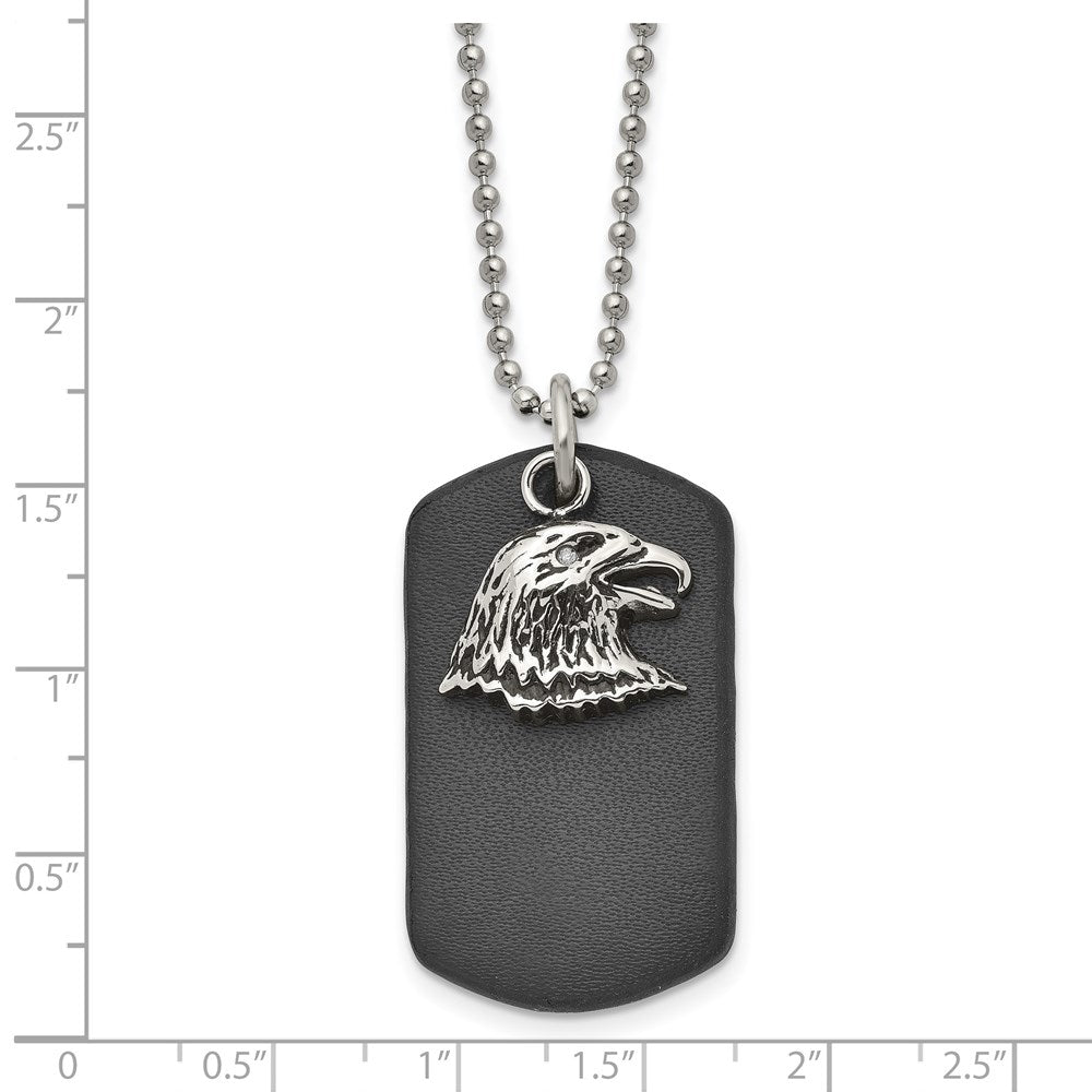 Stainless Steel Polished and Antiqued Eagle Leather Dog Tag 22in Necklace