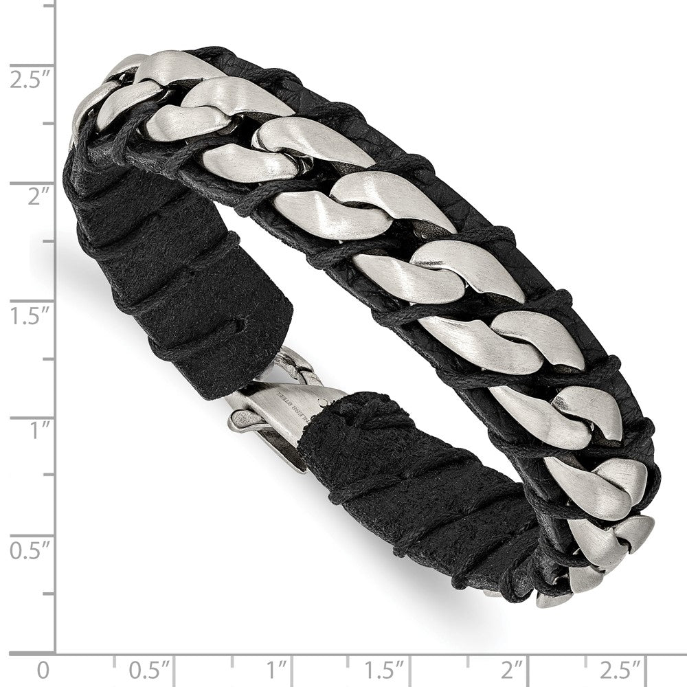 Stainless Steel Brushed Chain and Black Leather 8.5in Bracelet 8.5 inches