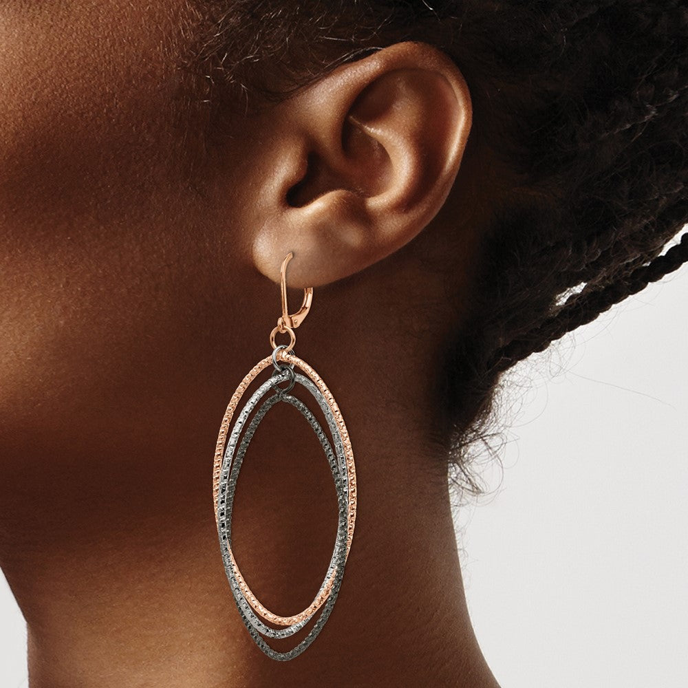 Stainless Steel Polished and Textured Gun & Rose IP Leverback Earrings