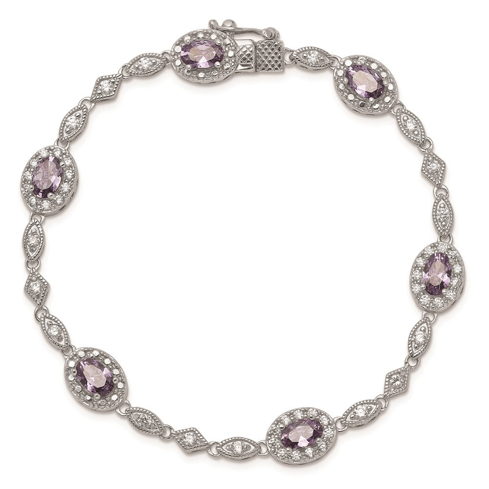 Sterling Silver Rhodium-plated Purple and Clear CZ Bracelet 7 inches