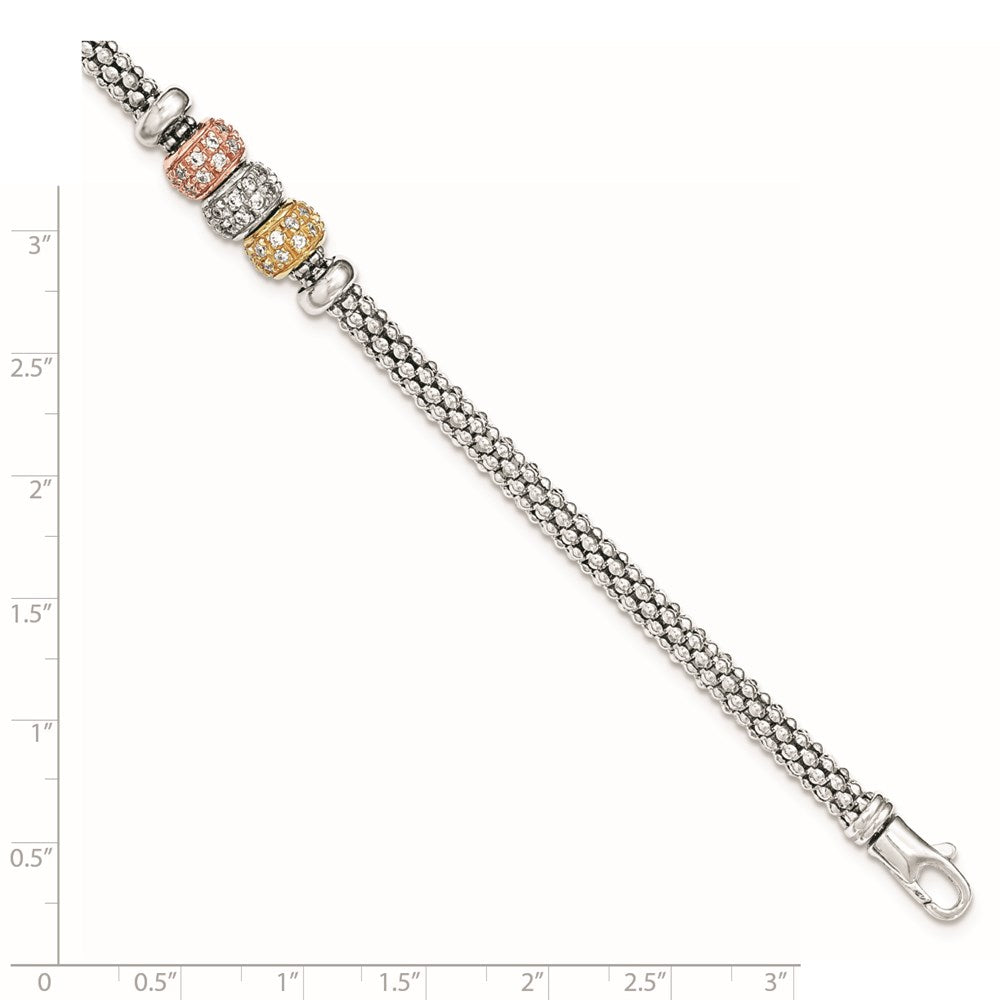 Sterling Silver Rose And Yellow Gold-tone CZ Beads Mesh Bracelet