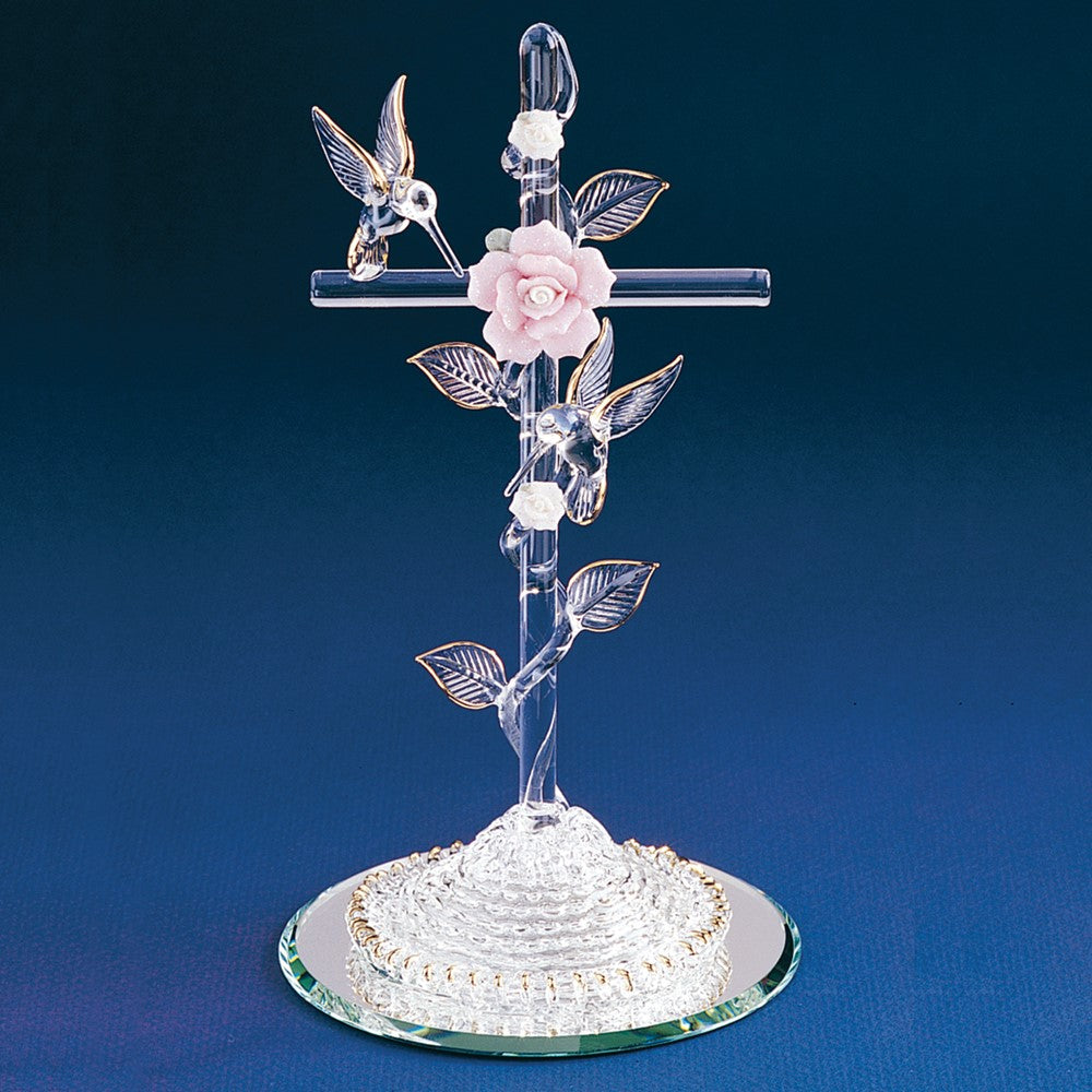 Glass Baron Handcrafted Cross with Hummingbirds Glass Figurine