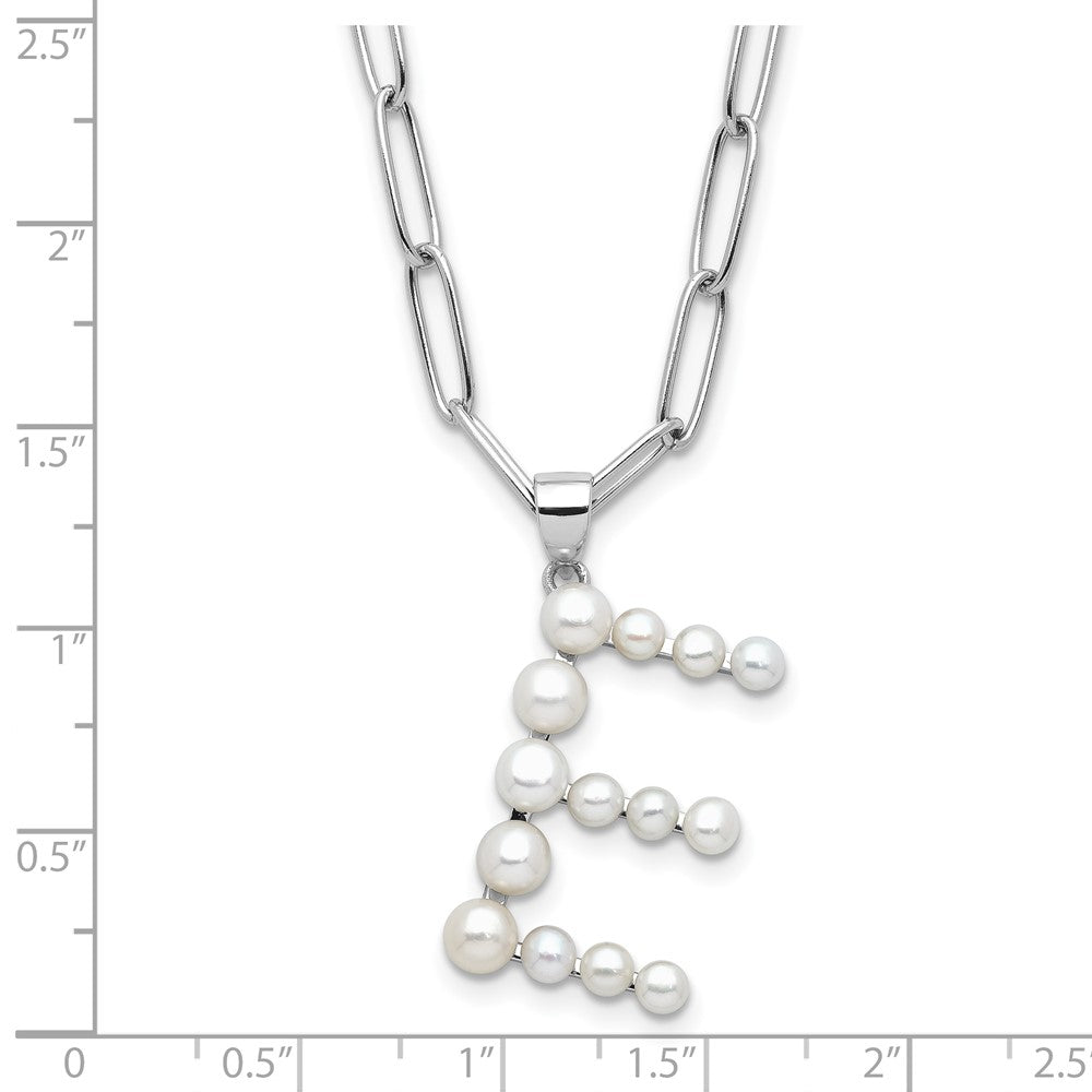 Sterling Silver Rhodium-plated 3-5.5mm White Button Freshwater Cultured Pearl LETTER E 18 inch Necklace